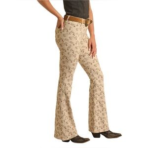 Rock & Roll Denim Cowgirl Beige Desert Western Print Flare Jean Sz 29 x 32 EUC
